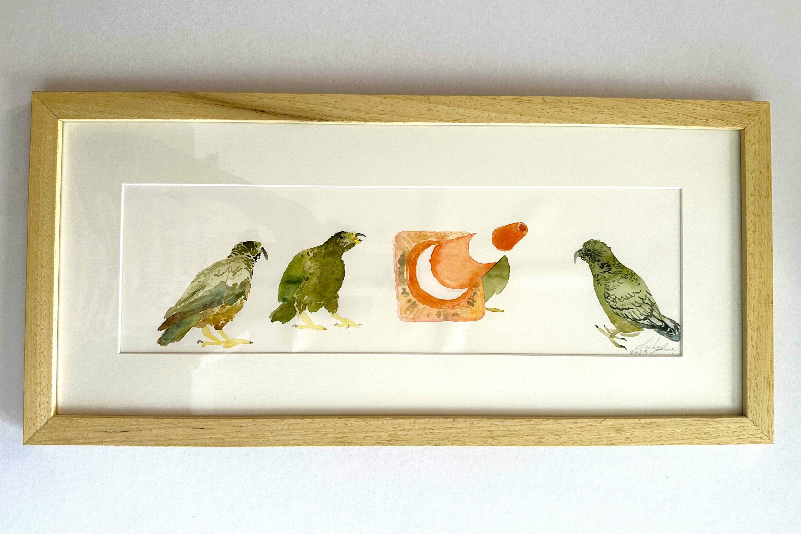 L'aquarelle. "Kéas jouant avec un plot"
